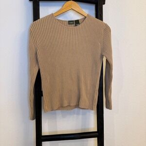 LLBean Womens Ribbed Knit Long Sleeve Sweater Tan Crew Neck Cotton Medium